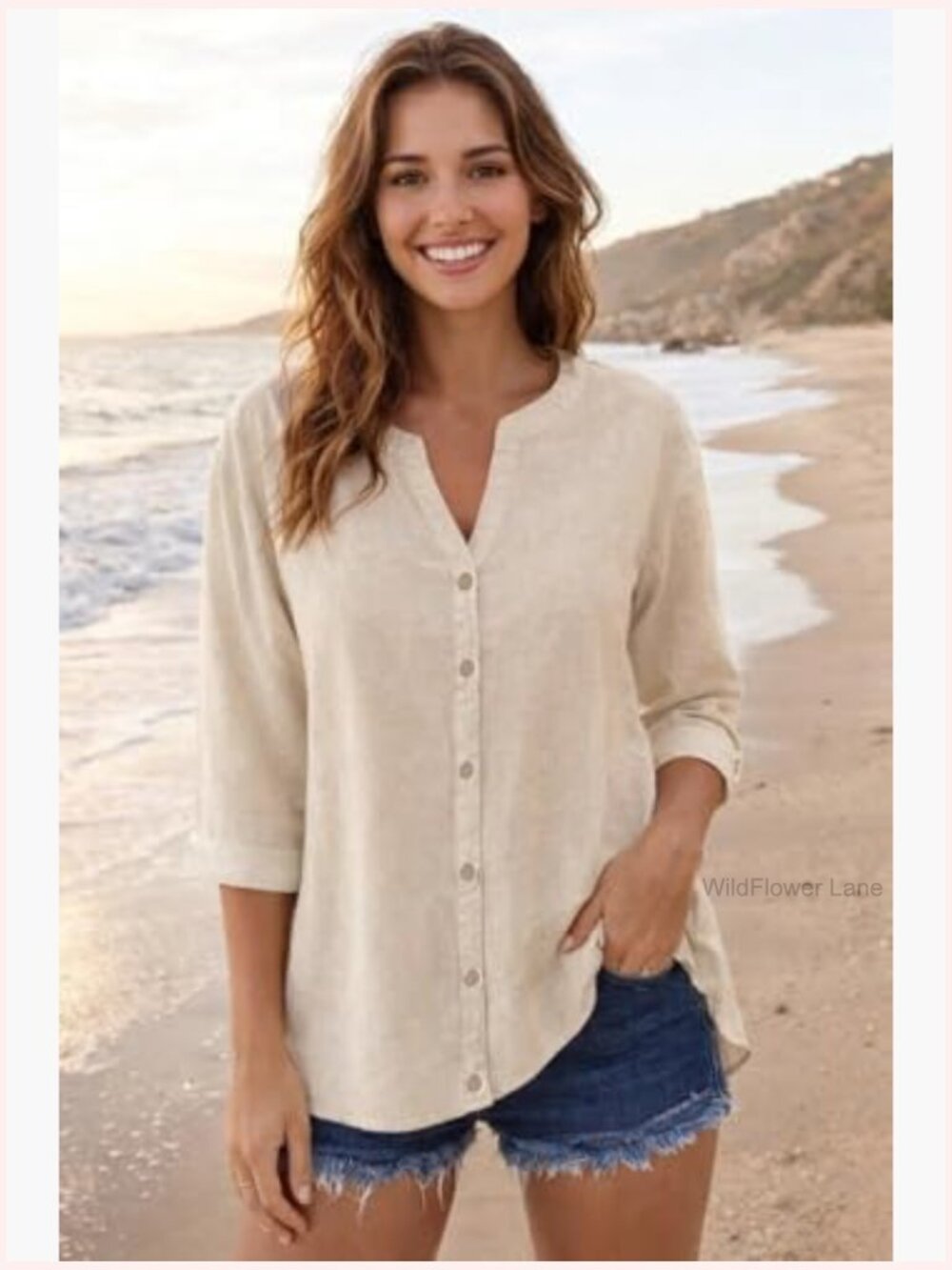 Womens Linen Button Down Shirt 3/4 Sleeve Tunic Blouse - Picture 2 of 4